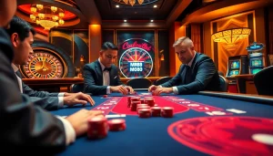Players enjoy a high-stakes poker game at MM88, showcasing chips, cards, and a roulette backdrop.