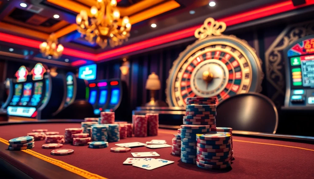 Experience the thrill of gambling at https://hm88.blue/ with an opulent poker table and vibrant casino atmosphere.