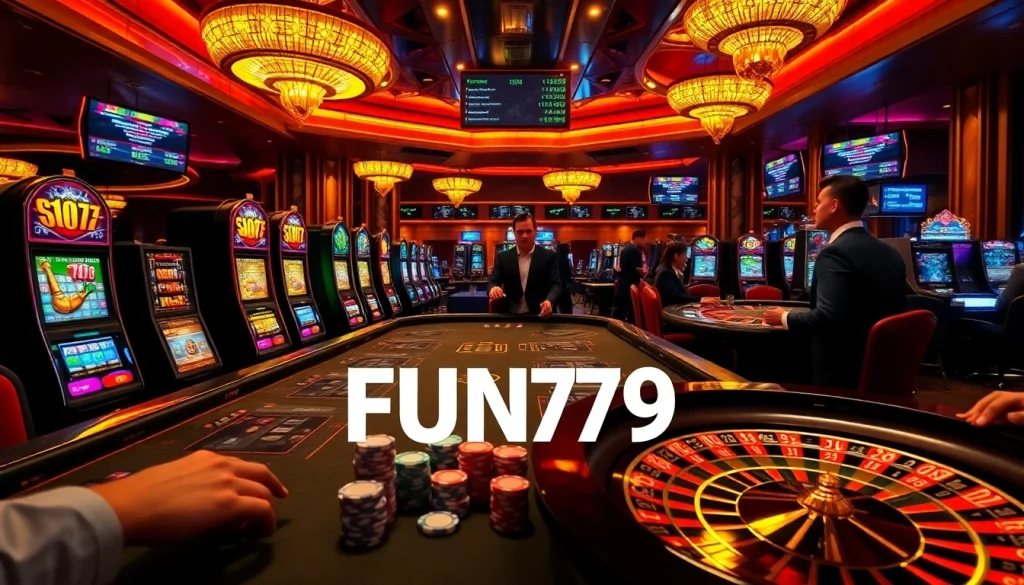 Win big with FUN79 while enjoying a vibrant casino experience filled with slot machines and poker chips.