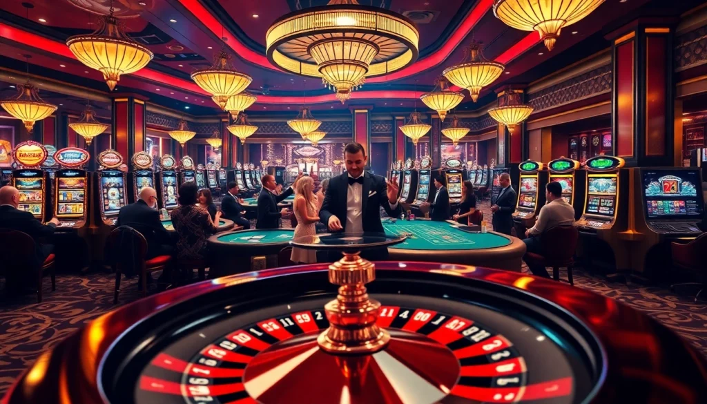 The excitement of gambling at https://23win8b.com/ comes alive with players betting at a luxury casino, featuring roulette and blackjack tables.
