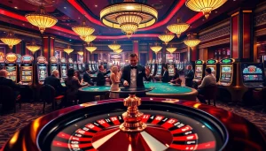 The excitement of gambling at https://23win8b.com/ comes alive with players betting at a luxury casino, featuring roulette and blackjack tables.