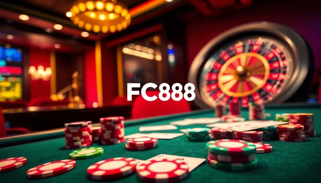 Exciting gaming action at FC88 casino showcasing a vibrant poker table with chips and cards.