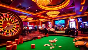 Players strategizing at the Go88vn poker table in a vibrant casino setting, surrounded by chips.