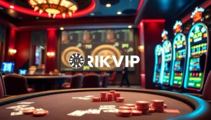 Experience high stakes at RIKVIP's vibrant online casino with poker tables and slot machines.