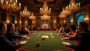 Experience the thrill of J88 poker in a luxurious casino with dramatic lighting and engaging gameplay.