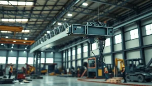 Bridge crane in action lifting materials in an industrial warehouse environment.