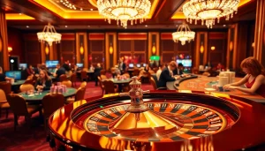 Players enjoying a thrilling game at https://king88.limited/ casino, surrounded by vibrant poker chips and a roulette wheel.