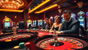 Engage in thrilling gambling at nhà cái x88 with vibrant casino tables, machines, and joyous players.