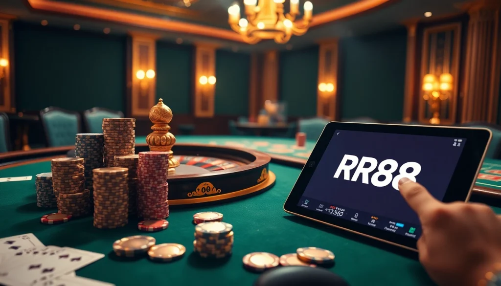 Experience the thrill of RR88 with a luxurious casino setting featuring roulette and poker chips.
