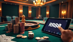 Experience the thrill of RR88 with a luxurious casino setting featuring roulette and poker chips.