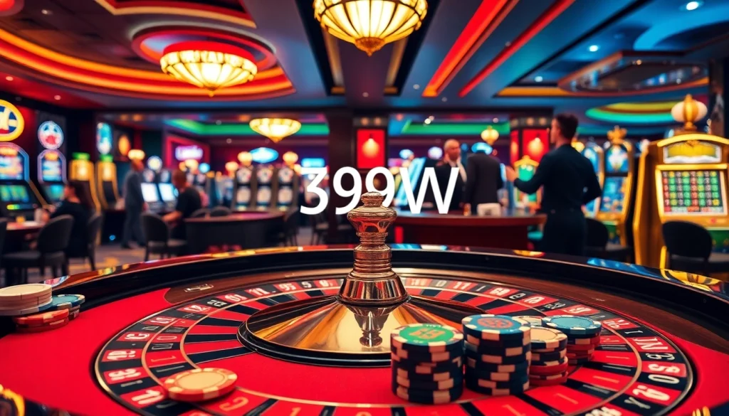 Experience the excitement of 399W with vibrant casino tables, poker chips, and players in action.