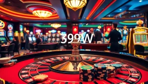 Experience the excitement of 399W with vibrant casino tables, poker chips, and players in action.