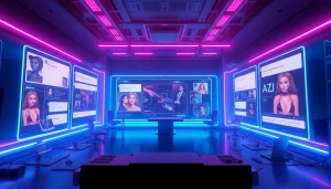 Explore NSFW AI content creation in a futuristic digital studio with interactive screens and holographic interfaces.