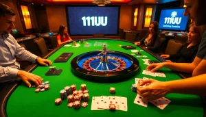 Engaging gamers at a vibrant 11UU casino table featuring colorful poker chips and exciting roulette action.