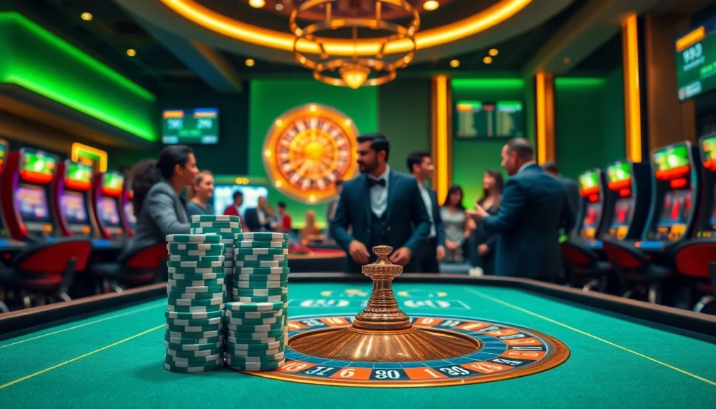 Players enjoying a thrilling game at an NK88 casino table with vibrant lights and poker chips.