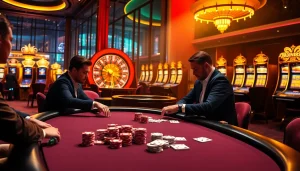 A luxury gaming atmosphere at https://febet8.com featuring poker tables and roulette wheels that evoke excitement.