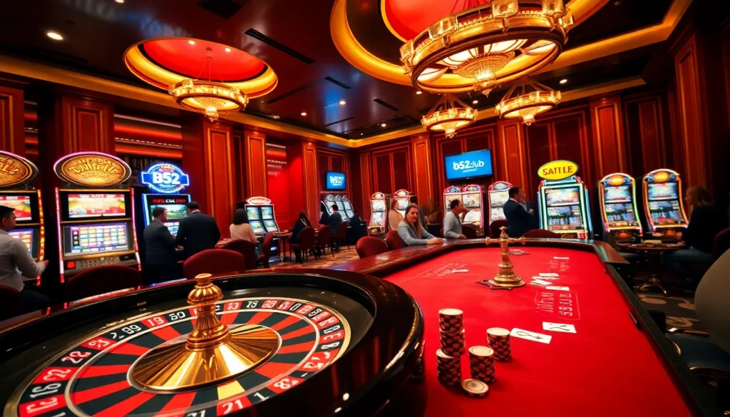 Exciting casino scene highlighting b52club.watch with roulette, poker, and slot machines.