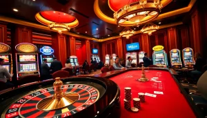 Exciting casino scene highlighting b52club.watch with roulette, poker, and slot machines.