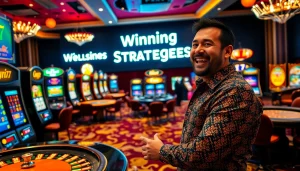 Engaged player at the gori77 slot machine in a vibrant casino setting.