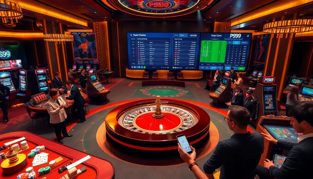 PS99 thể thao betting excitement with vibrant casino atmosphere featuring roulette and lively gamblers.