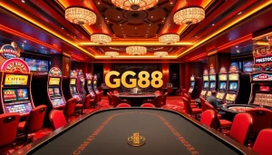 Experience the excitement of GG88 with elegant gaming tables and slot machines in a luxury casino setting.