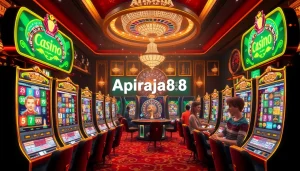 Players enjoying vibrant slot online apiraja88 machines in a luxurious casino.