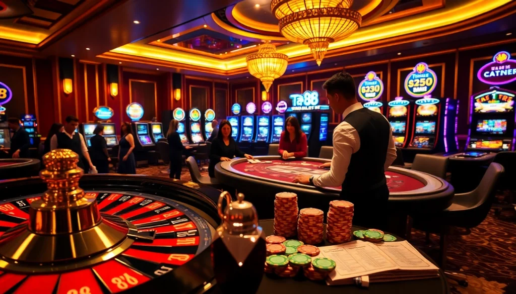 Engaging players using Ta 88 chips at a sophisticated casino table surrounded by colorful slot machines.