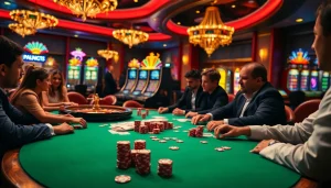 Engaged players at a casino showcasing mk8th.net with poker chips and roulette excitement.