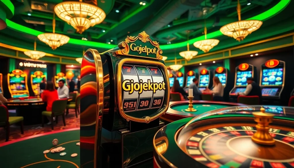 Players enjoying a thrilling Gojekpot slot machine in a luxurious casino setting.