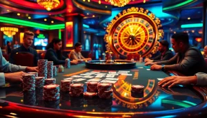 High-stakes poker scene at a luxurious casino featuring BDJL-themed decor with vibrant chips.