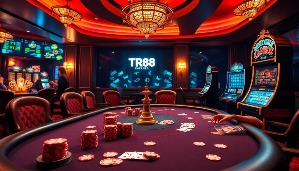 Engage in high-stakes gaming with TR88-inspired casino elements, showcasing poker chips and roulette.