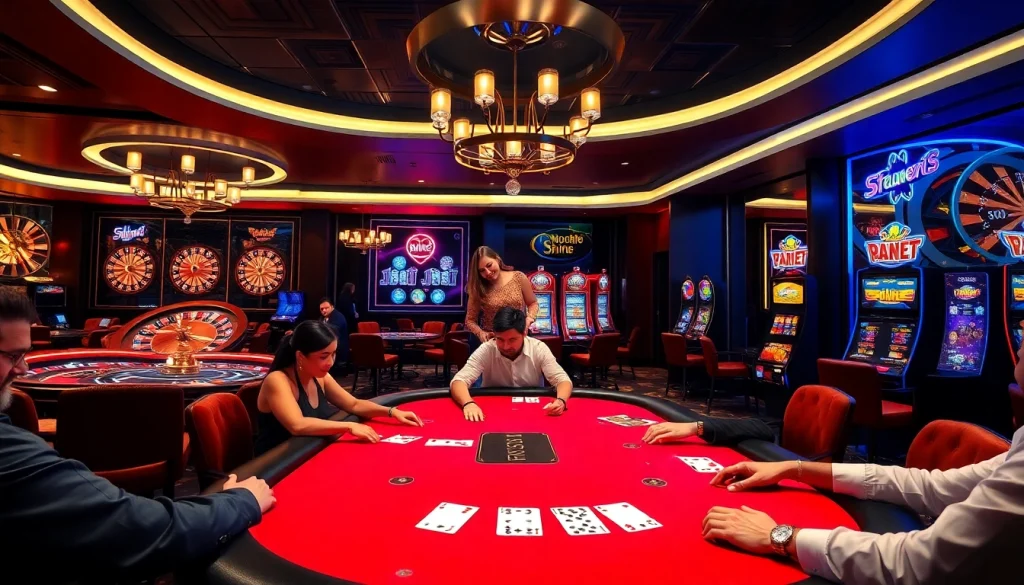 Players enjoying an exciting FLY88 poker game in a luxurious casino setting.