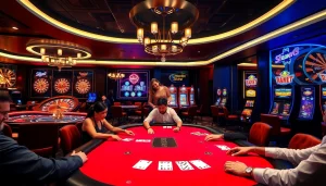 Players enjoying an exciting FLY88 poker game in a luxurious casino setting.