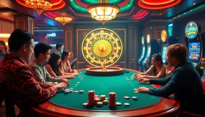 Exciting gambling scene with players at the cm88 poker table and a vibrant roulette wheel in a luxurious casino.