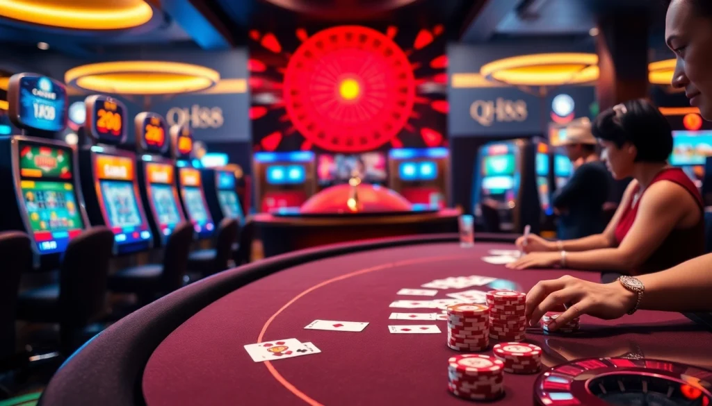 Engage with QH88’s luxurious casino scene featuring poker chips, cards, and a roulette wheel.
