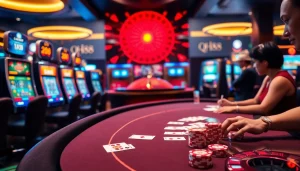 Engage with QH88’s luxurious casino scene featuring poker chips, cards, and a roulette wheel.
