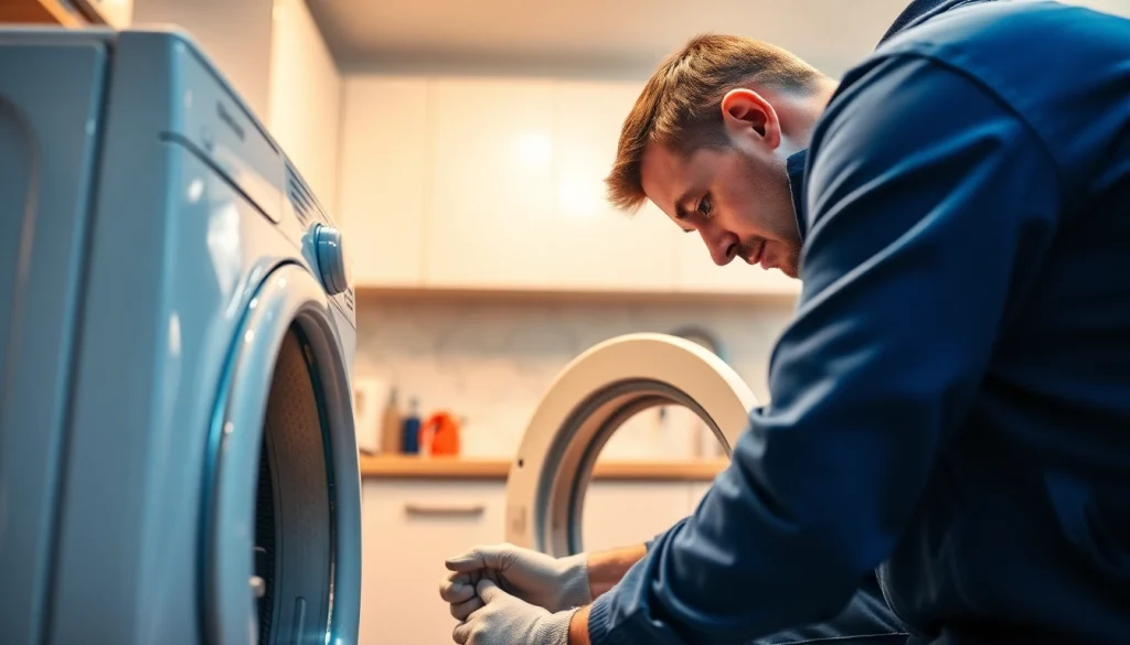 Appliance repair technician fixing a washer in a kitchen, showcasing appliance repair ottawa.