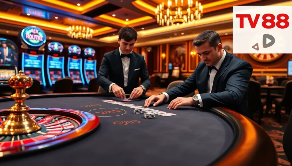 High-stakes poker game at TV88 casino with elegant dealer and vibrant chips.