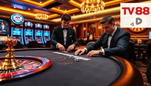 High-stakes poker game at TV88 casino with elegant dealer and vibrant chips.