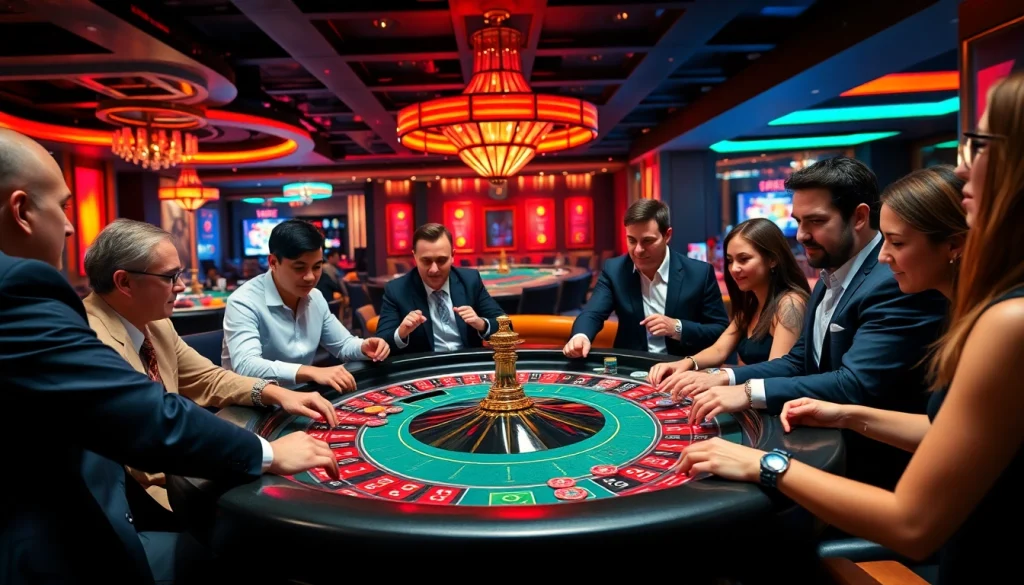 Aizraujoša kazino atmosfēra, kurā redzamas pasākumu aproces, spēlētāji iesaistās augstas likmes aizrautībā.