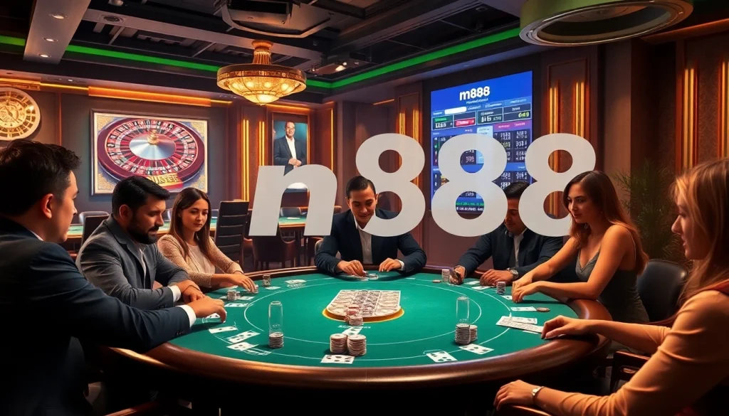 Experience high-stakes poker action with nh88-themed luxury at a vibrant casino table.
