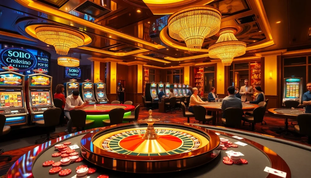 SODO casino scene featuring players at roulette, illuminated slot machines, and elegant poker tables.