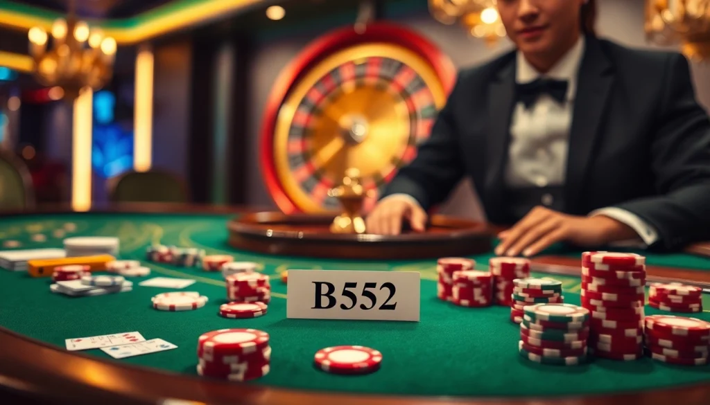 B52 betting slip on a luxurious casino table with poker chips and a roulette wheel.