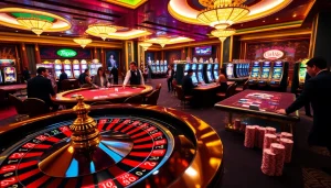 A thrilling casino scene with players enjoying games at 789club 789club88.org, showcasing roulette and poker.