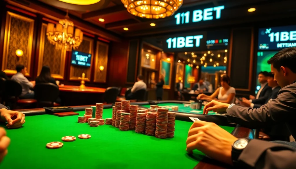 Players engage in a poker game at 11BET's luxurious casino, emphasizing excitement and strategy.
