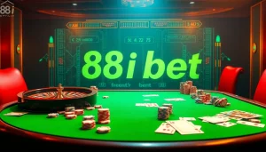 Experience the thrill of the 88i bet with vibrant poker chips and a roulette wheel in a luxurious casino setting.
