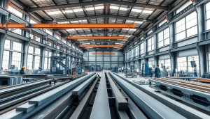 Workers engaged in structural steel fabrication showcasing teamwork in a professional workshop.