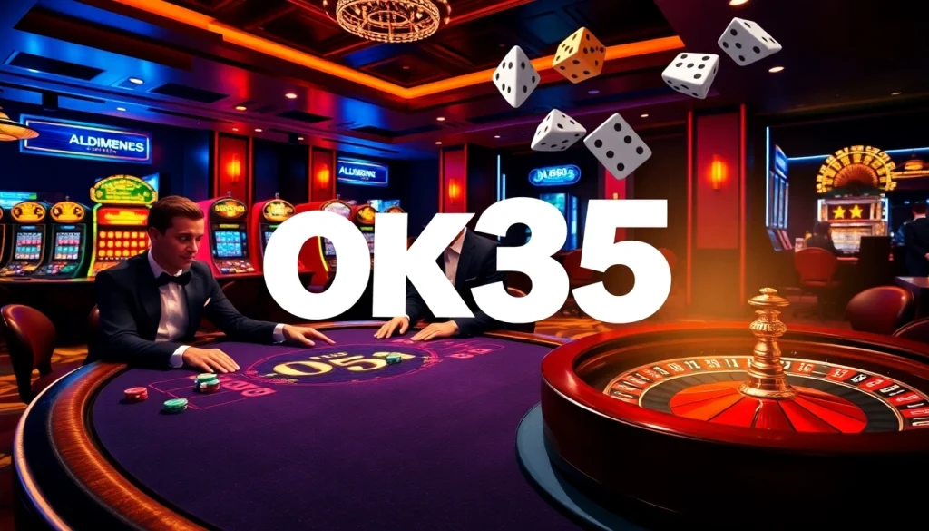 Experience the excitement of OK365 at a luxurious casino with poker games and vibrant slot machines.
