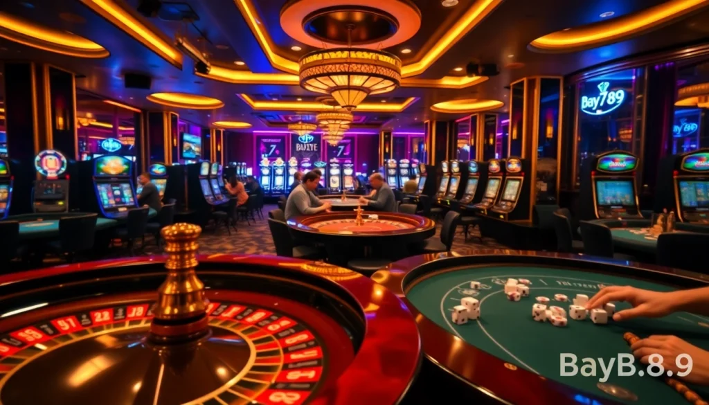 Bay789 casino scene with players at poker and roulette tables, showcasing thrilling gambling action.