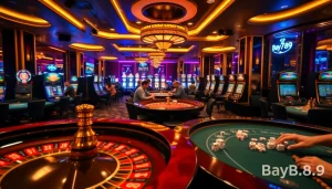 Bay789 casino scene with players at poker and roulette tables, showcasing thrilling gambling action.